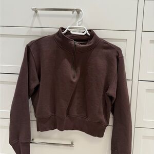 Chocolate Brown Quarter-Zip Cropped Sweatshirt